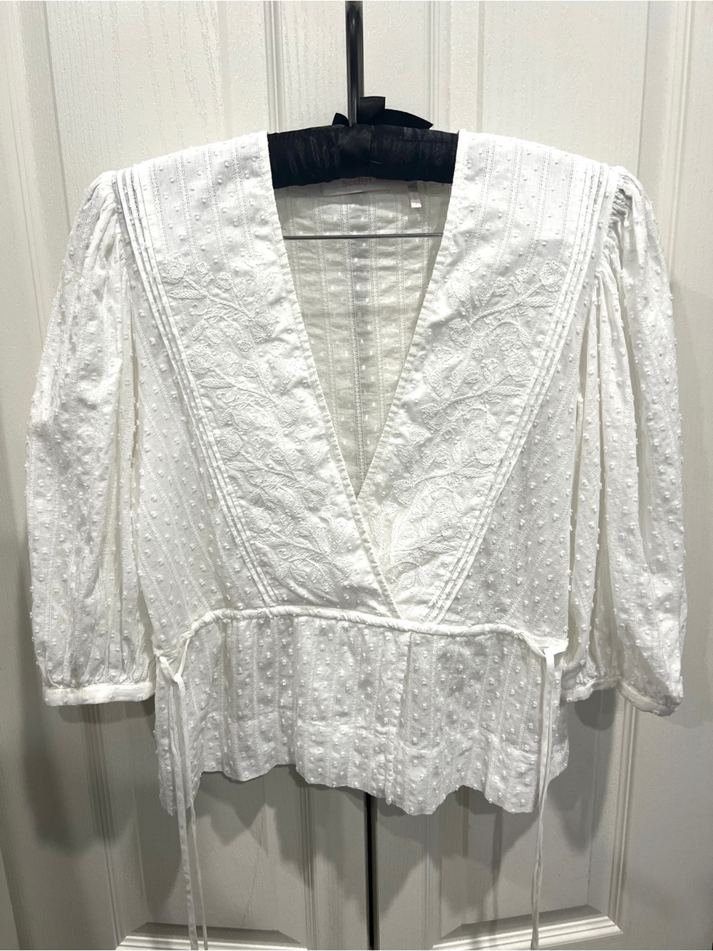 See By Chloe White Embroidered V-Neck Peplum Blouse
